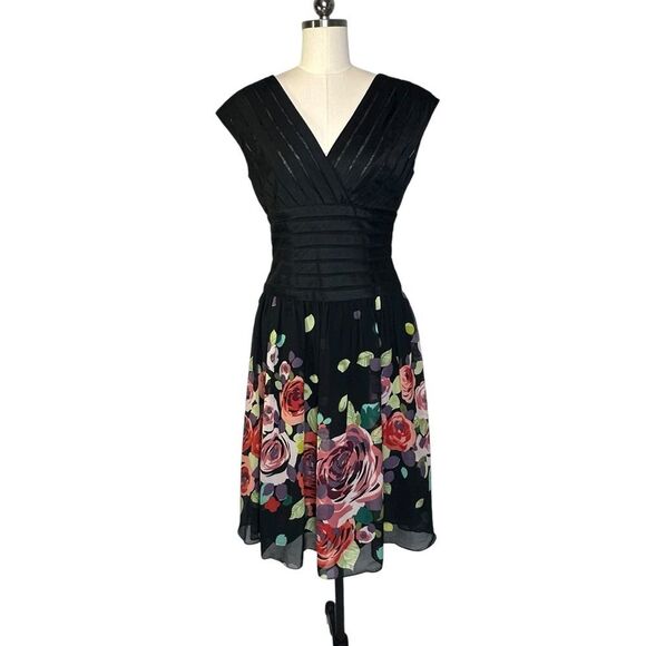 Adrianna Papell Black Silk Ribbon Floral Fit and Flare Cocktail Midi Dress | 10 - Picture 1 of 9